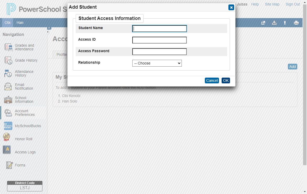 Please email techsupport@southfayette.org to add your child(ren) to your parent account. By emailing techsupport, you will not need the access ID/password as displayed below.