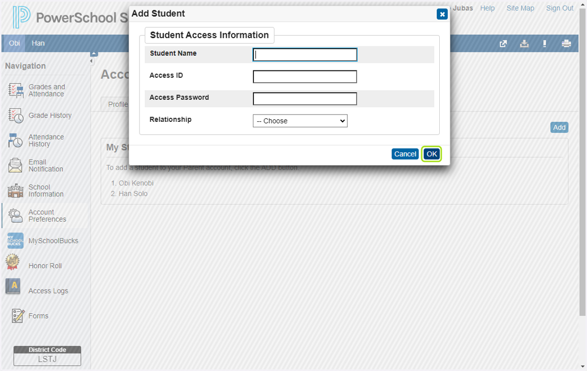 Please email techsupport@southfayette.org to add your child(ren) to your parent account. By emailing techsupport, you will not need the access ID/password as displayed below.