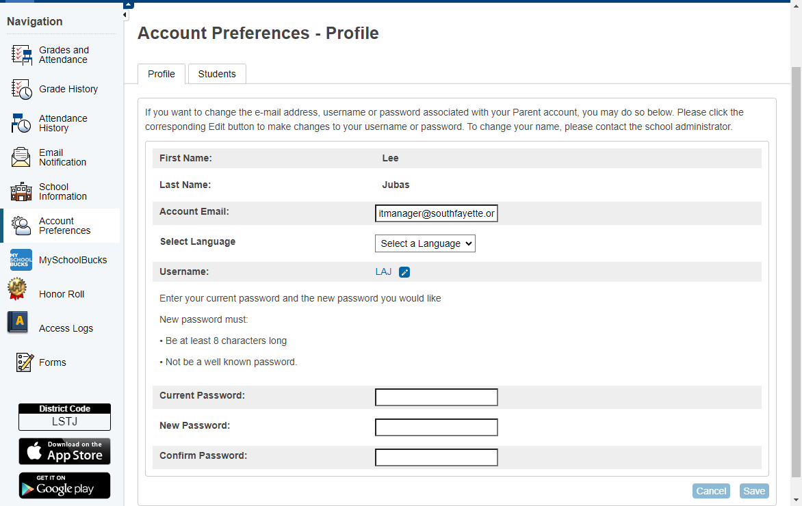 Click the Students tab to see the list of students linked to your account and add more students.