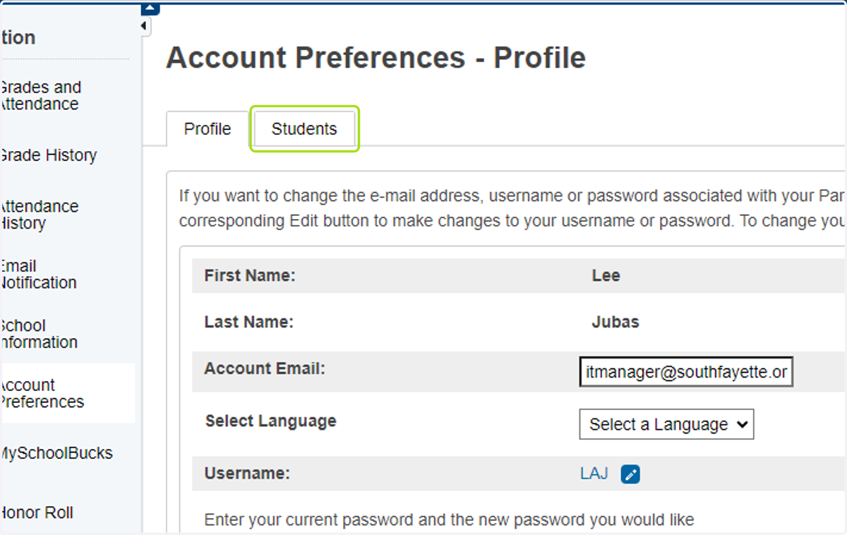 Click the Students tab to see the list of students linked to your account and add more students.