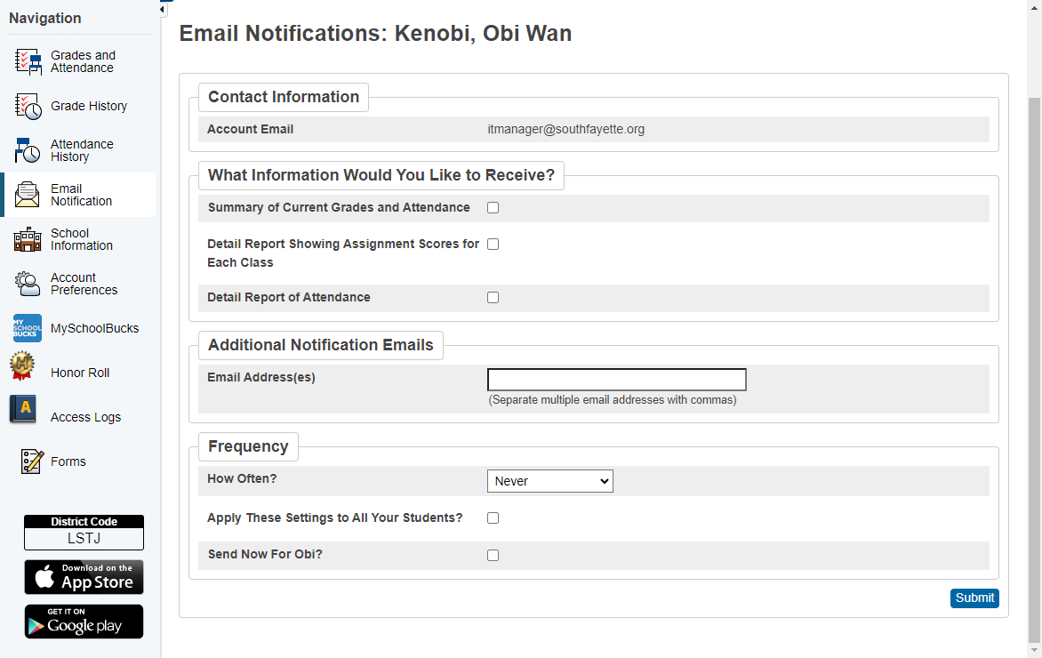 Within Email Notifications, you can select what type of information you would like to receive, add additional email addresses, select the frequency, and if you would like this information for one child or all of your children.