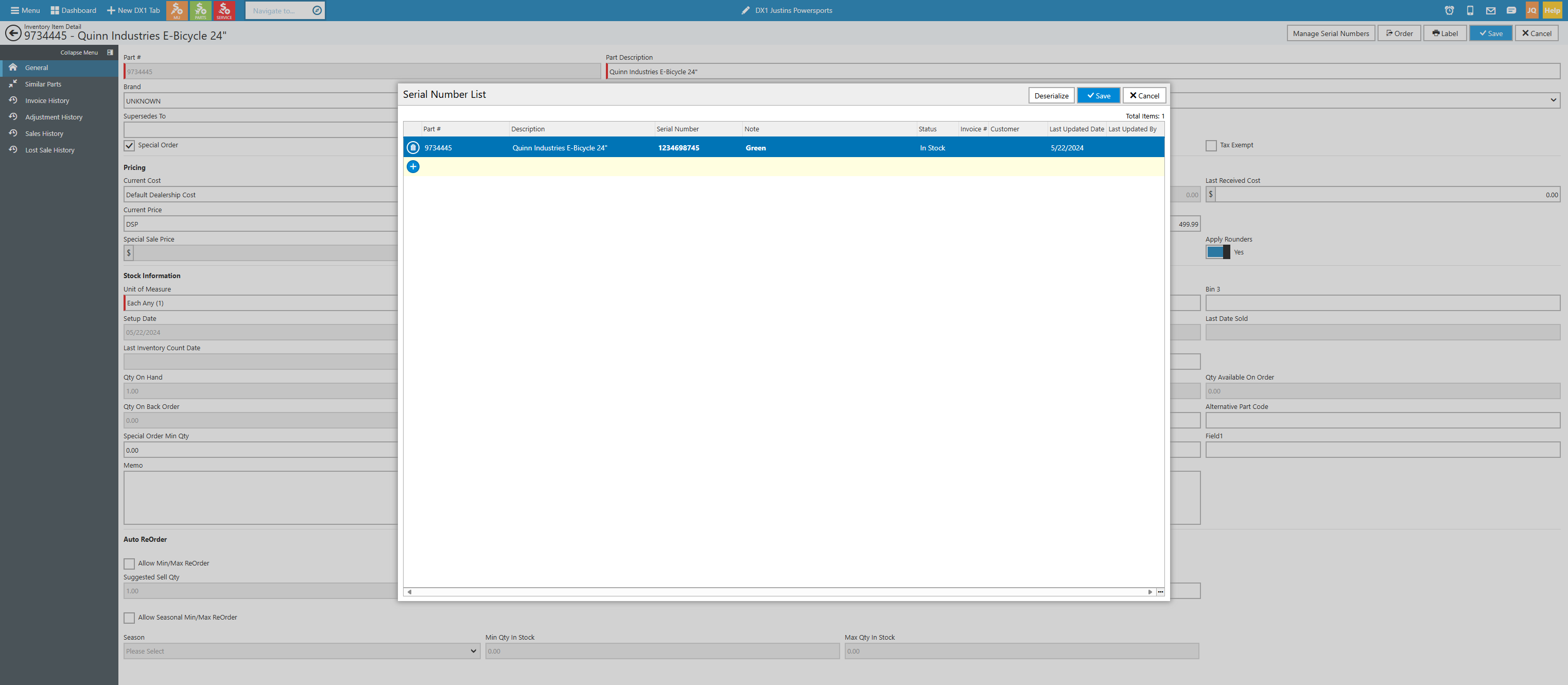 In this case, we may have found a part that was not in our inventory when we converted the part so in this case, we are going to manually add the serial number. By doing this it will change the quantity from 1 to 2. This is the only way to adjust QOH