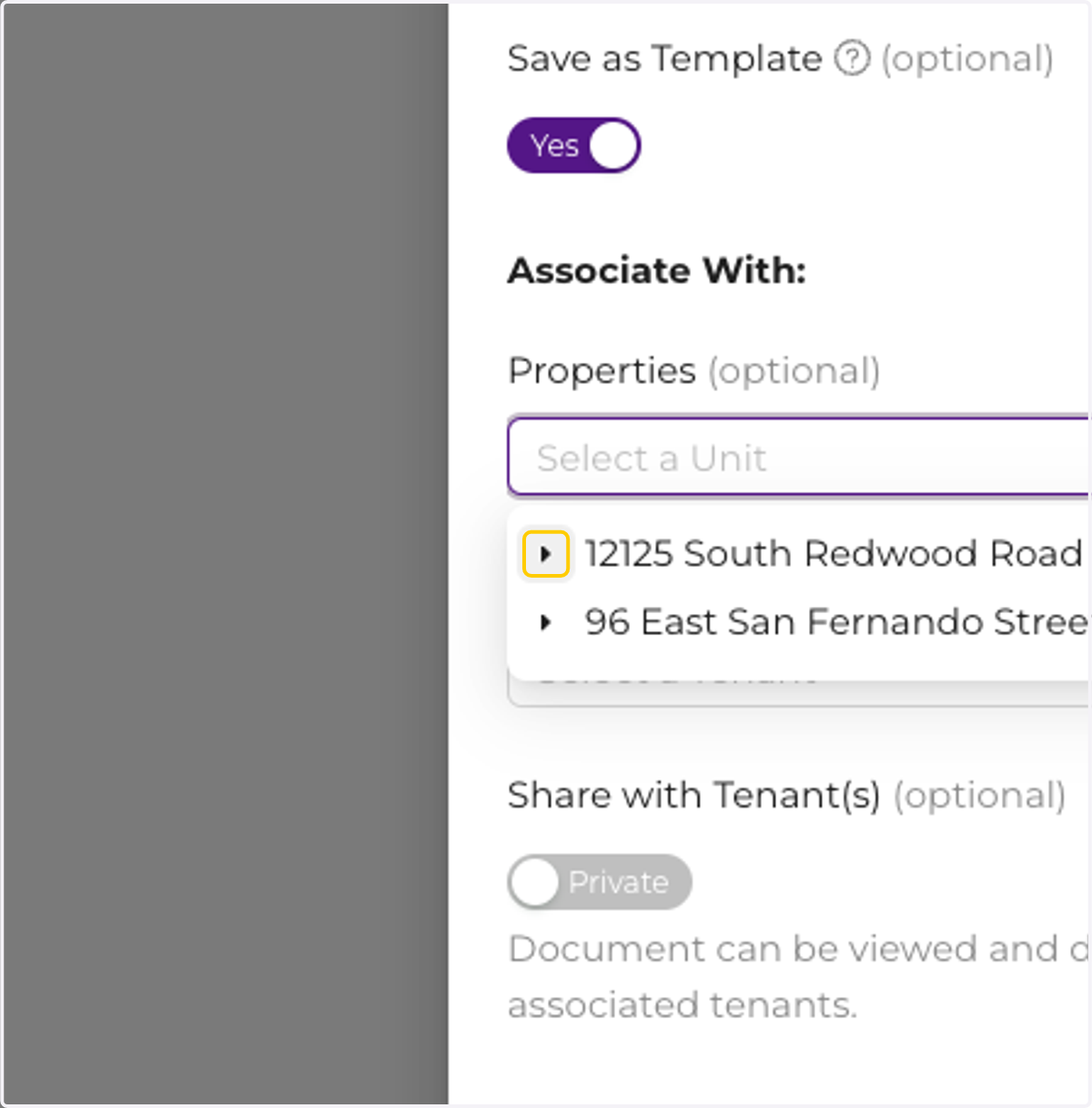 Associate documents with properties, units, or individual tenants