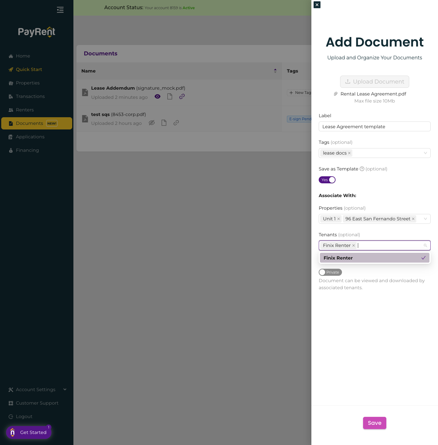 To share a document with tenants, make the document public
