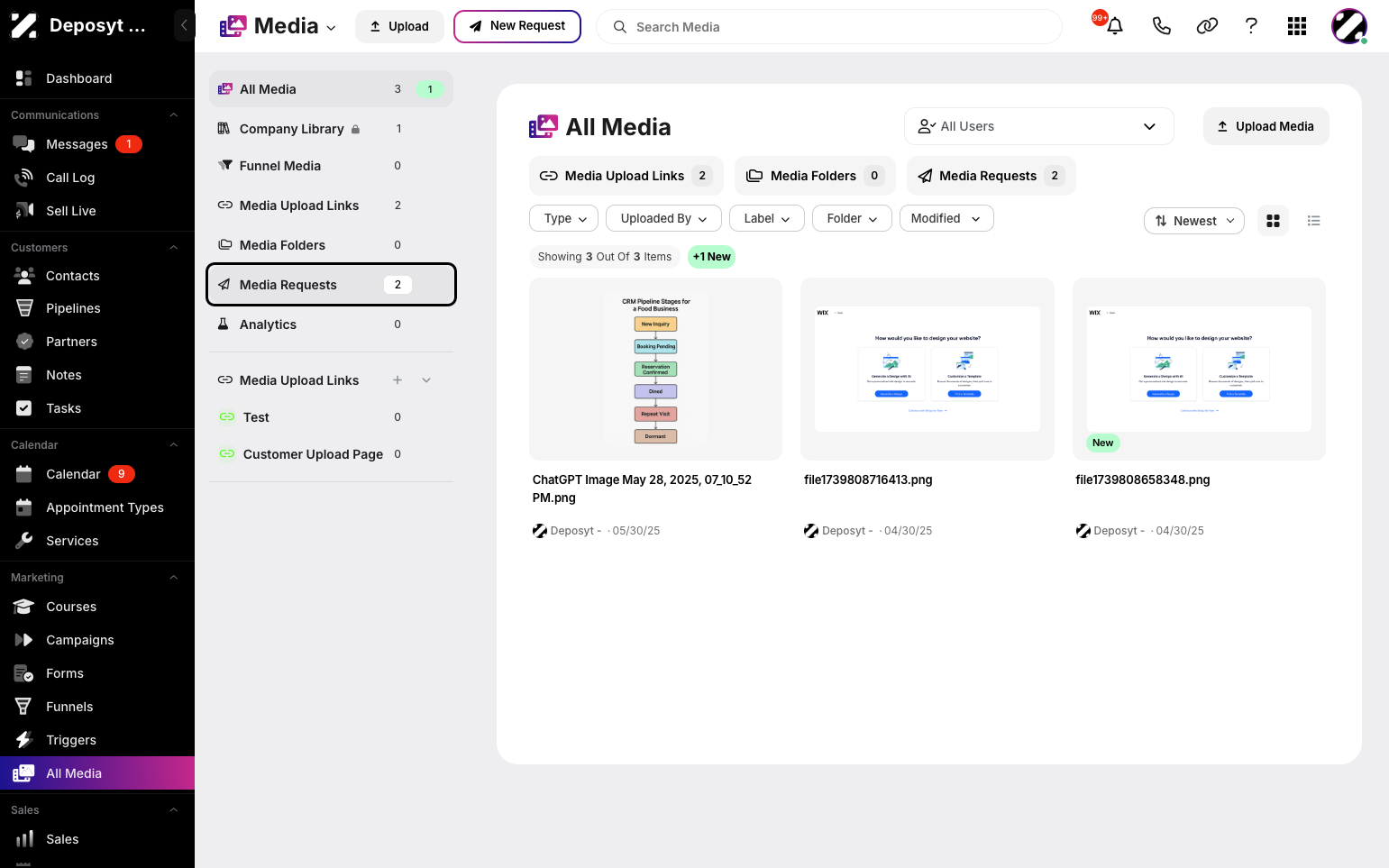 Step 2: You will then be taken to the All Media page. Click the Media Requests button in the side menu to open the section and access your uploaded media.