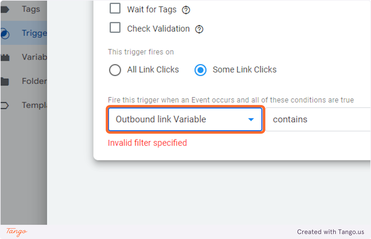 Select Outbound link Variable > select Equal to > and type True