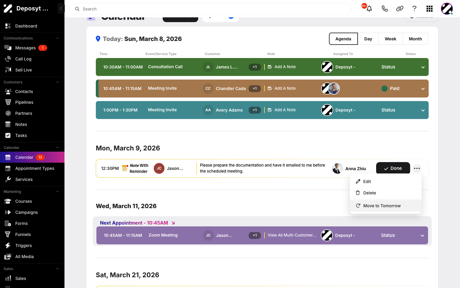Step 2: In the calendar, find the note with a reminder, click the three-dot menu, and select ‘Move to Tomorrow.’ A notification will then confirm that the note was moved to the next day.