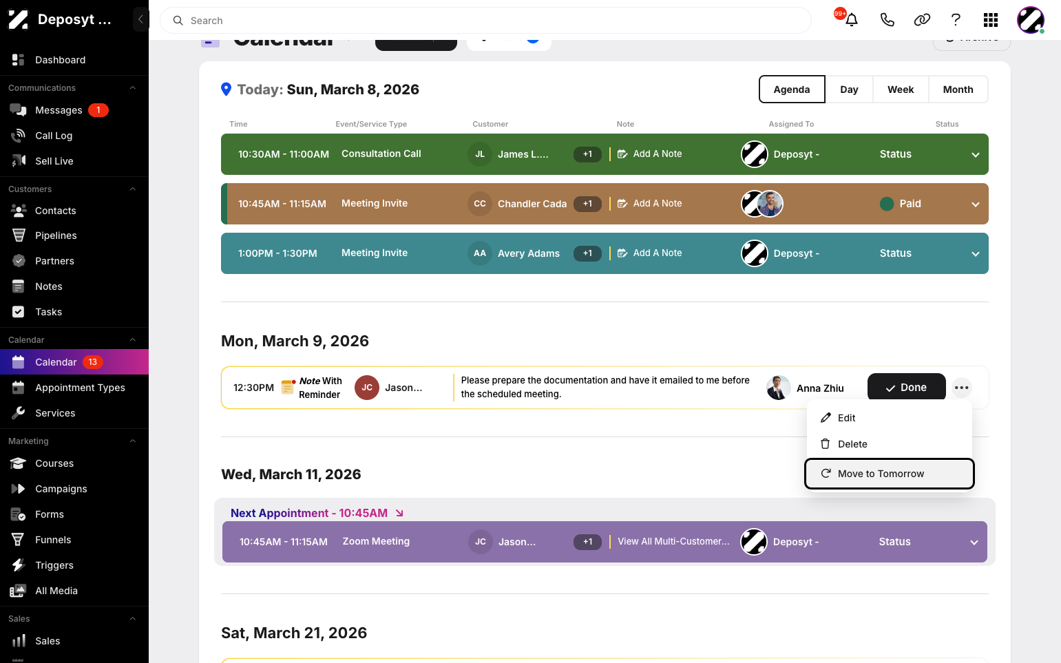Step 2: In the calendar, find the note with a reminder, click the three-dot menu, and select ‘Move to Tomorrow.’ A notification will then confirm that the note was moved to the next day.