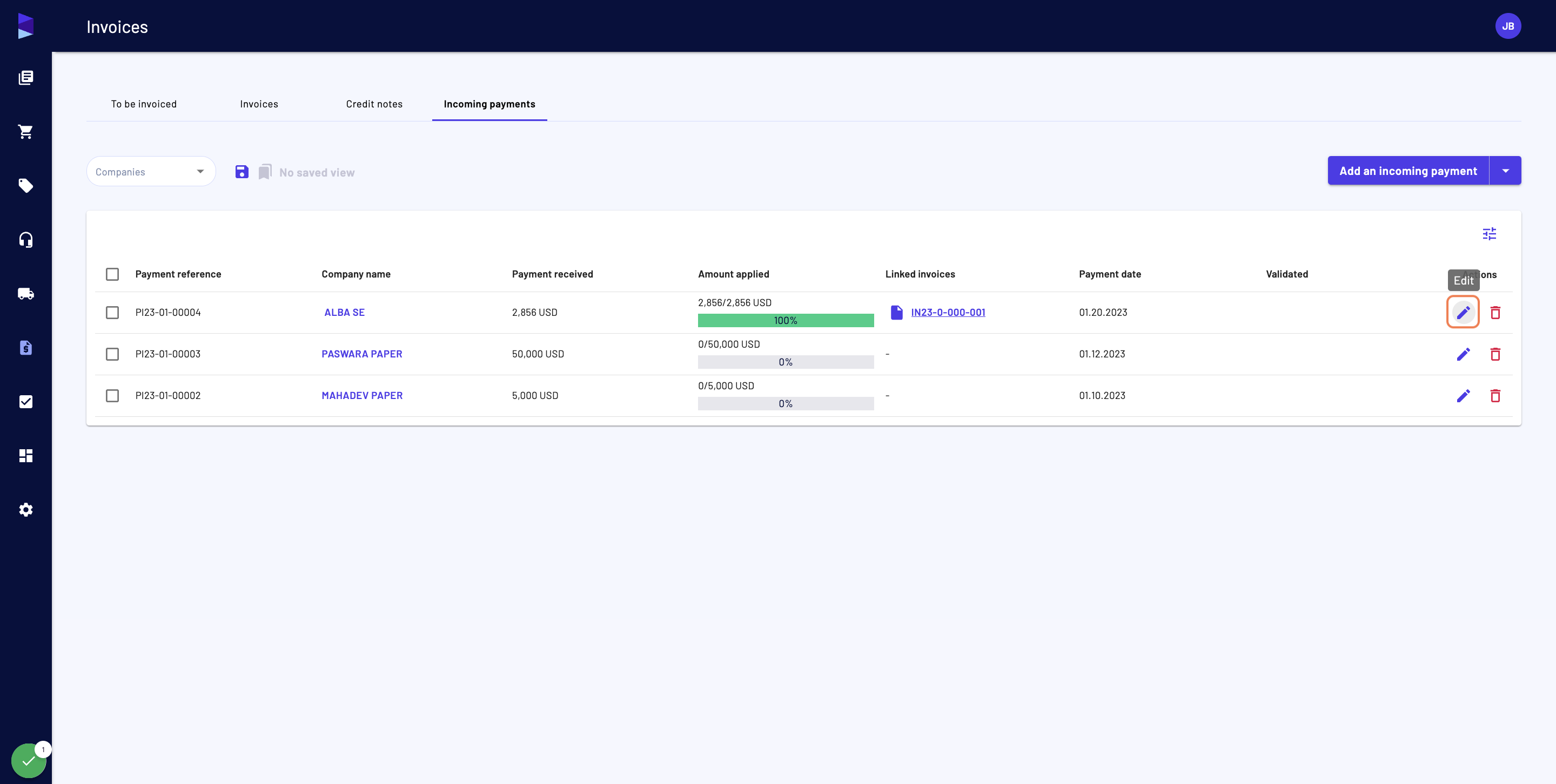 In the "Invoices" pages, tab "Incoming payments", click on the pencil "Edit" icon at the end of the selected payment