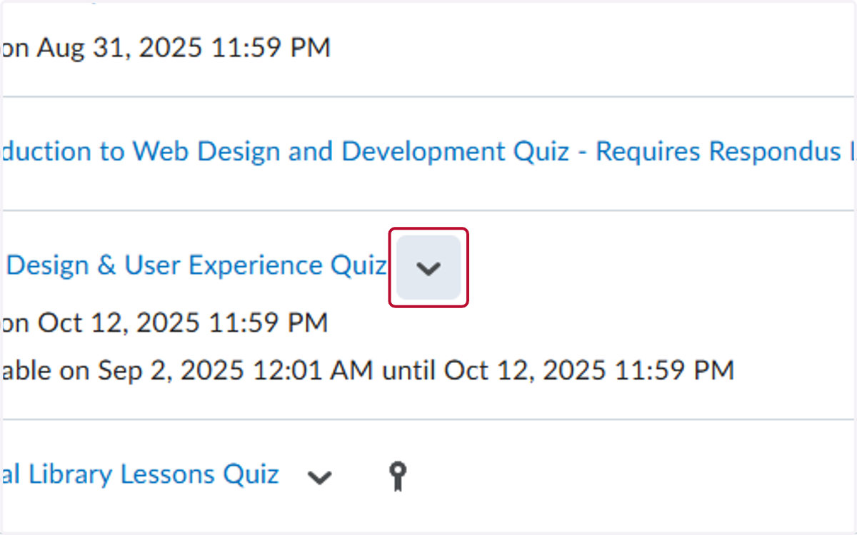 Click on the V for the Quiz you want to review