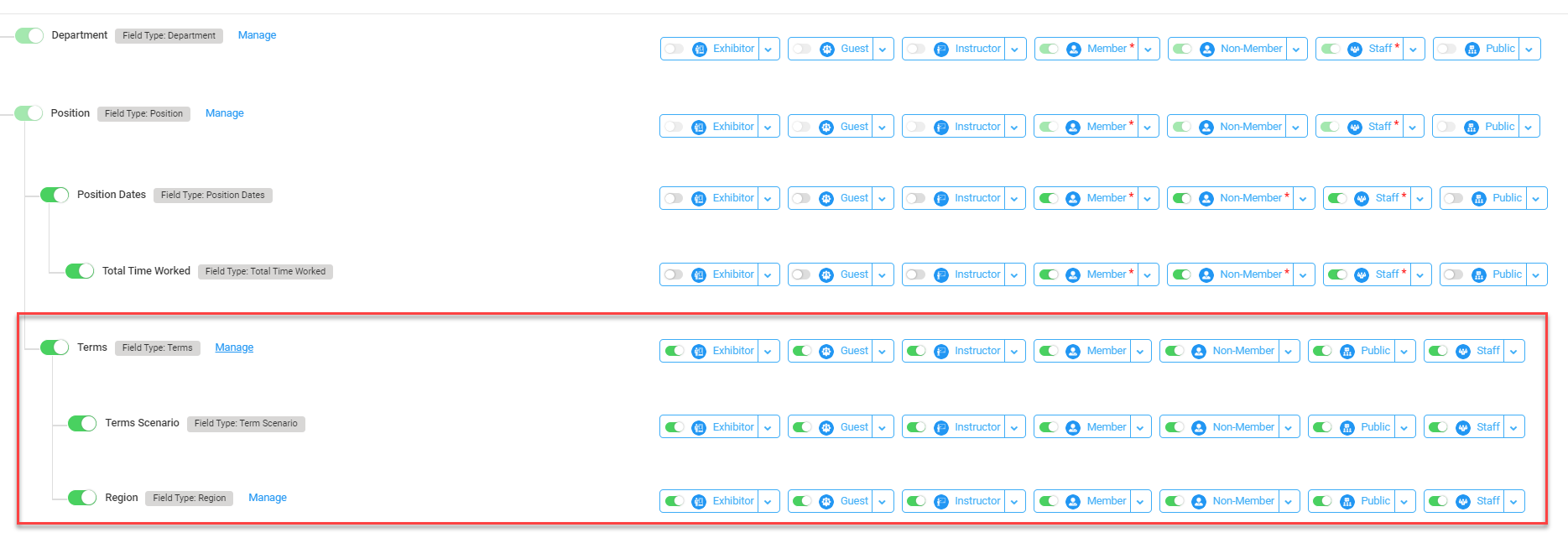 Enable the Terms subfields for all of the relevant Personas