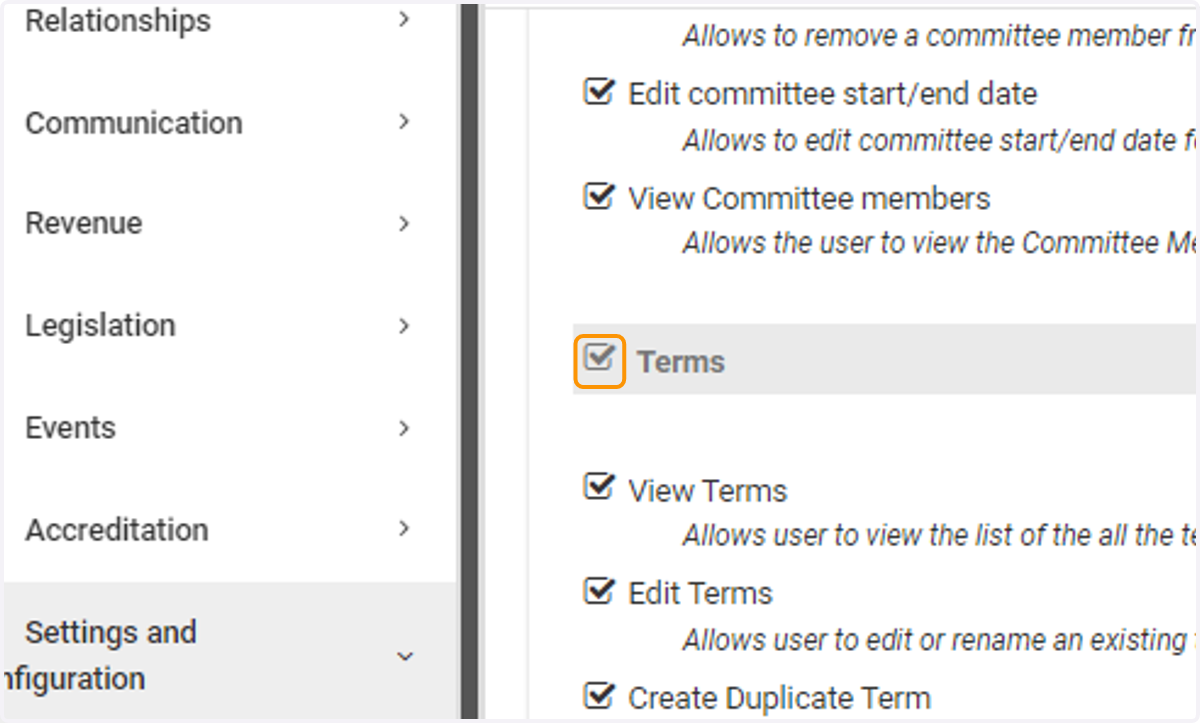 Scroll down and enable the Terms permissions you want enabled for this role. For this example, we're enabling all Terms permissions