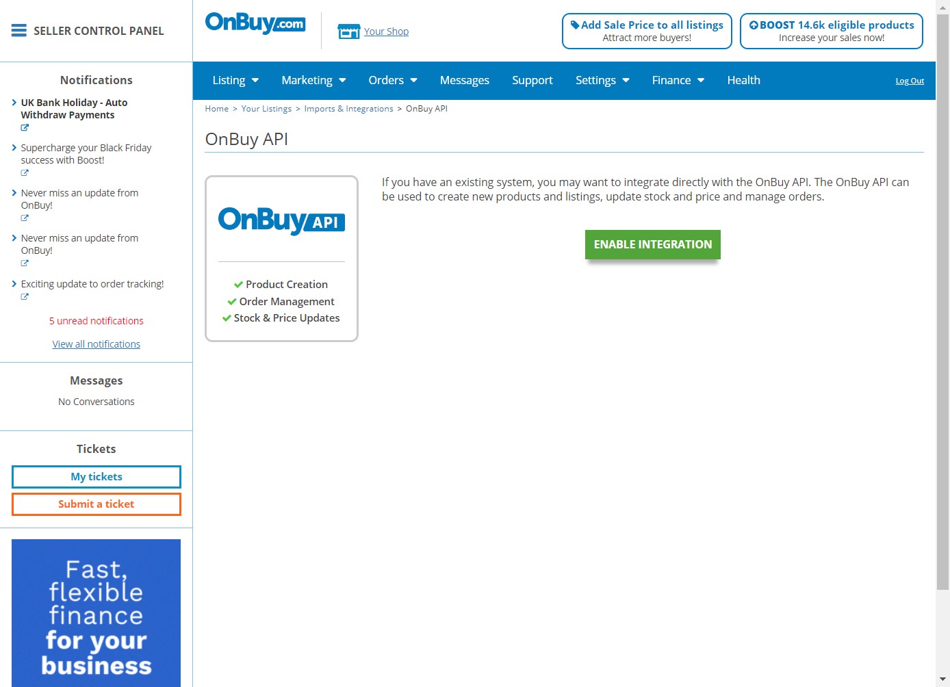 Login to your onbuy account and Click on ENABLE INTEGRATION