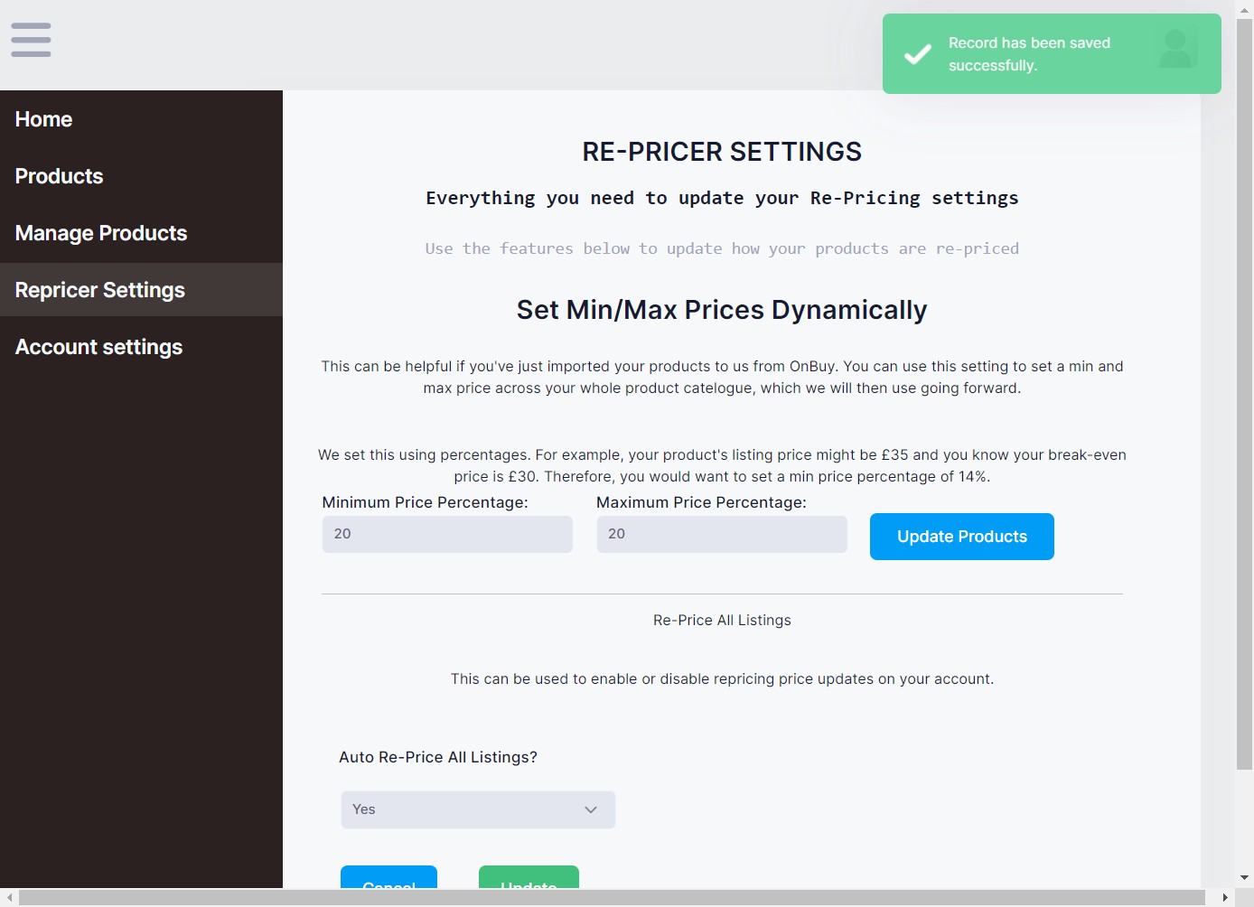 To turn on auto repricing and set the system active, Select Yes and Click on Update