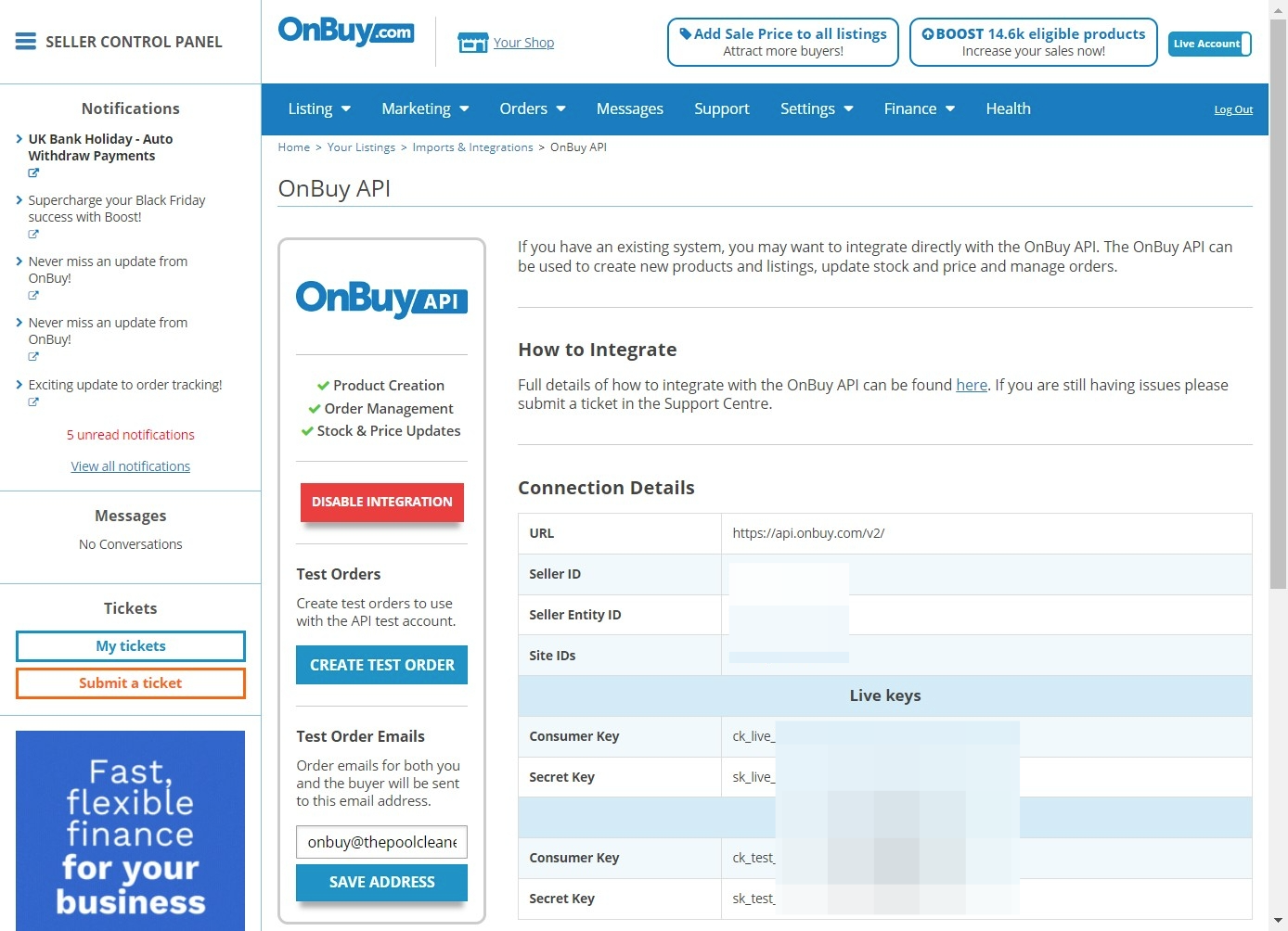 Copy the ck_live and the sk_live keys into the system