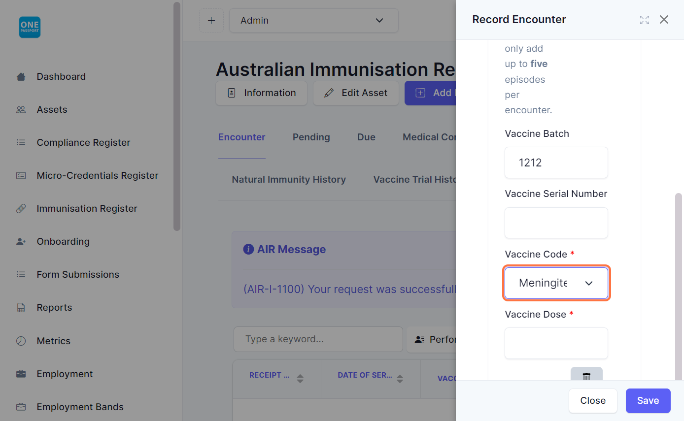 Select vaccine type from the Vaccine Code drop down.
