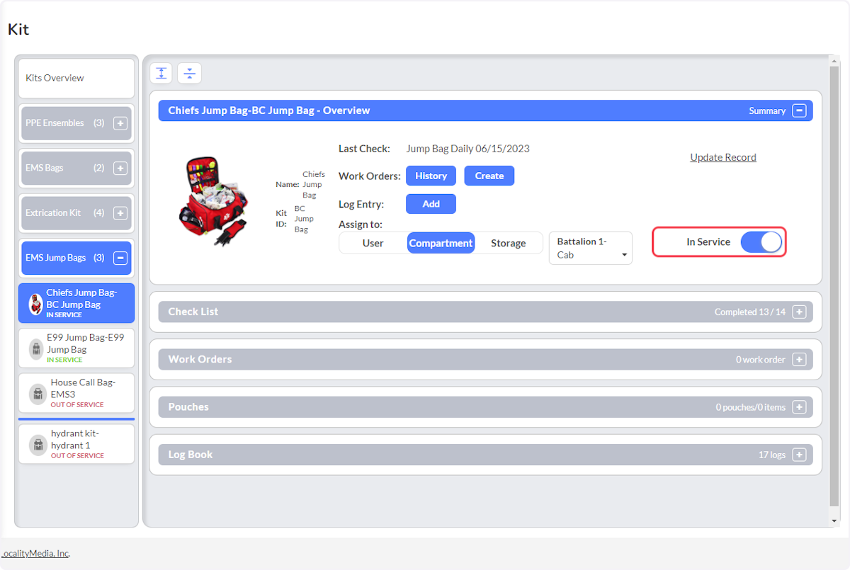 Users can change the service status of the equipment by clicking the service toggle.