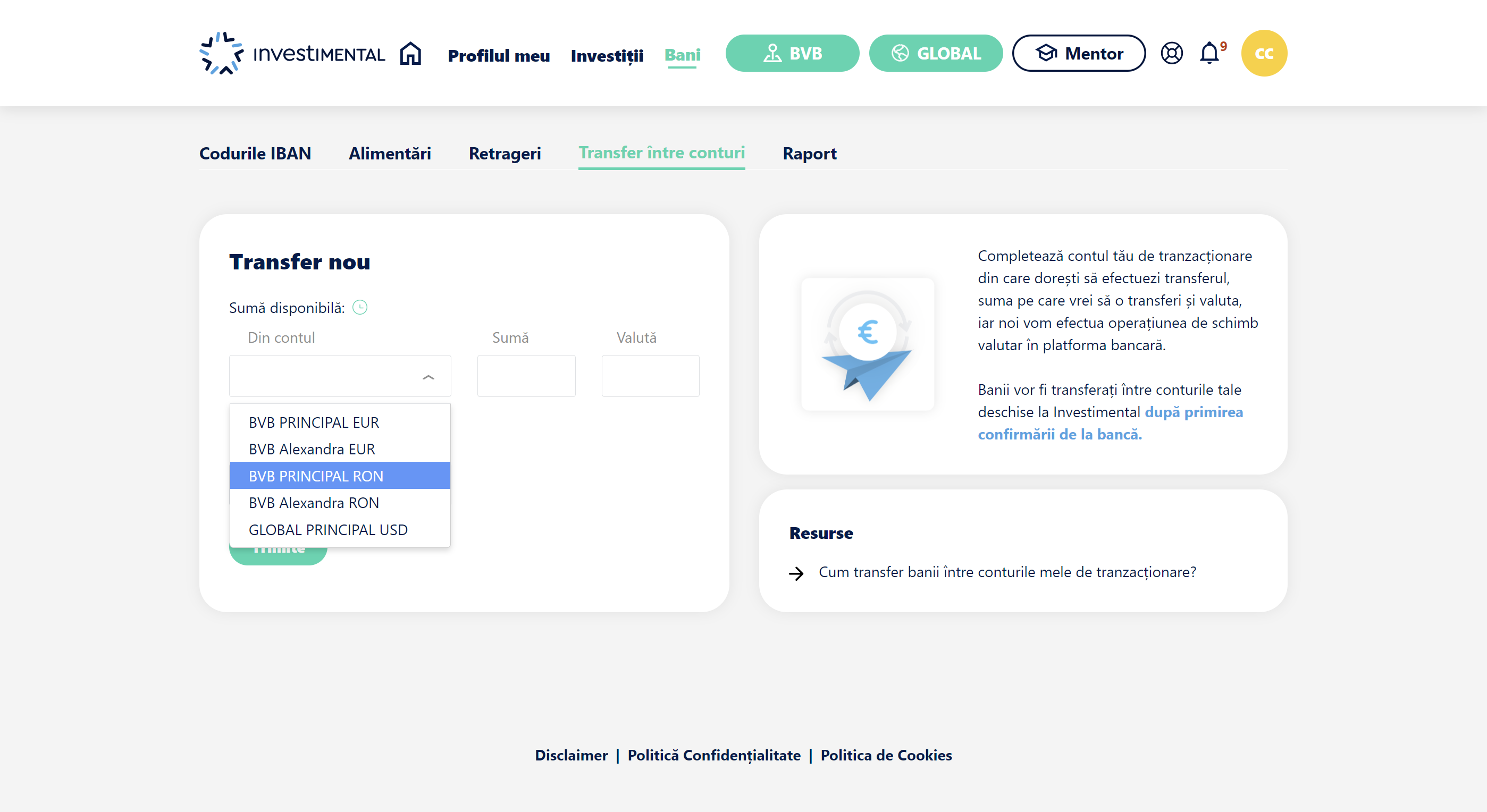 Selectezi contul din care vrei să transferi bani
