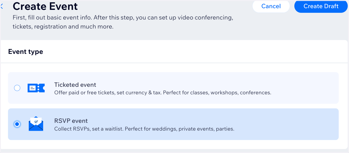 Select "RSVP event." (Our Wix account does not allow for group ticketed events, unfortunately.)