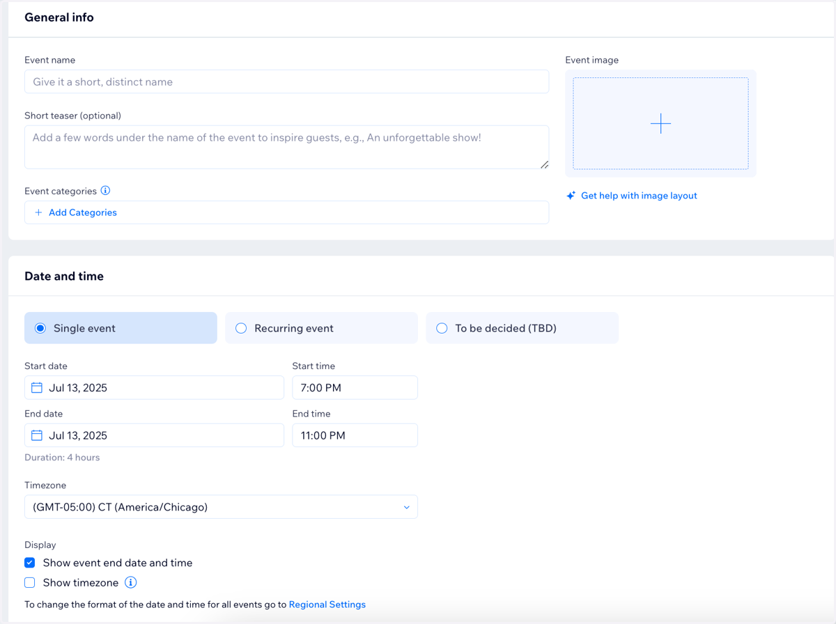Fill out your event's info - name, date, time, etc. The "short teaser" section will show at the top of your event's page on the website.