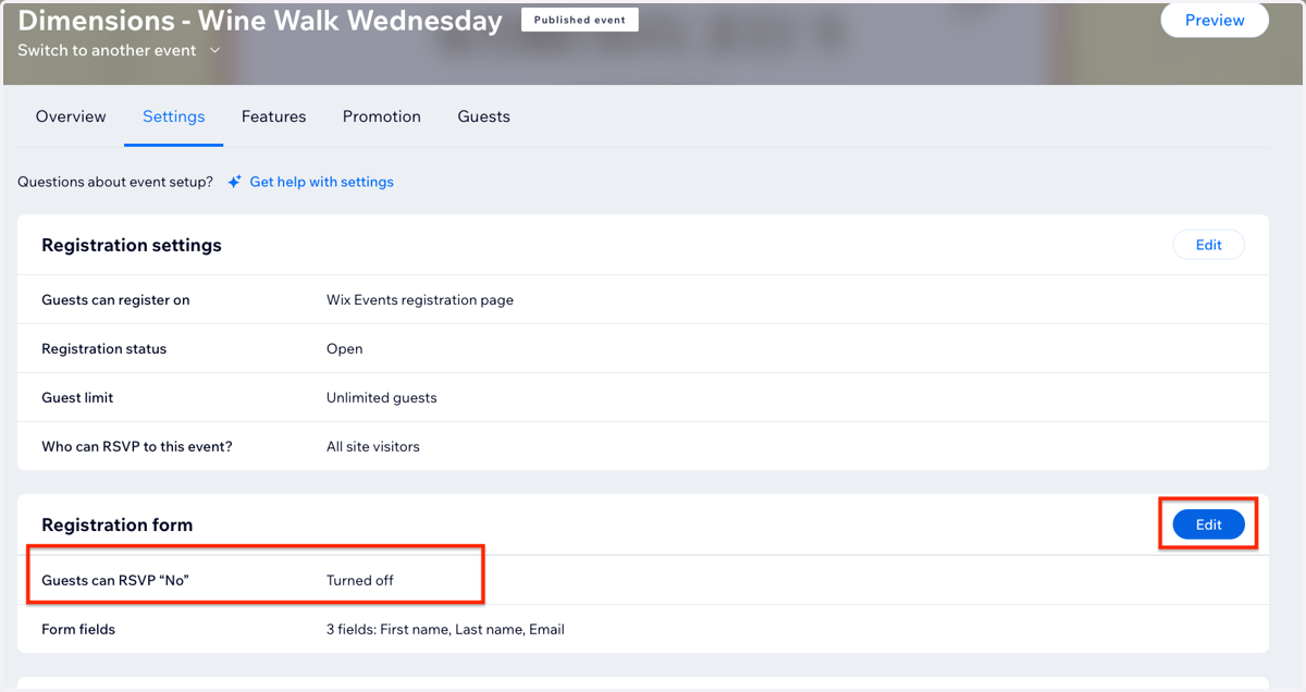 IMPORTANT - if you want users to be able to RSVP "no," you need to navigate to the "settings" and change the "Guests can RSVP no" setting, as it defaults to "off."