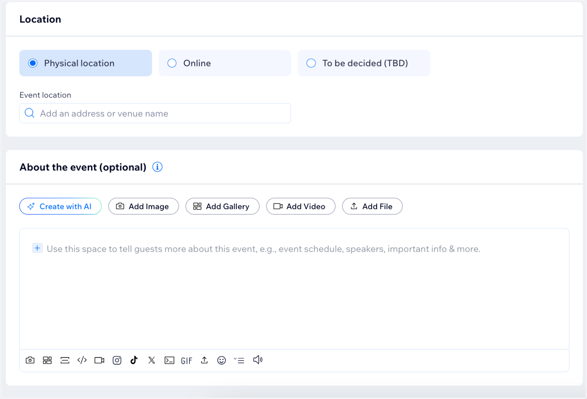 Add event location and "about the event" details. The "about the event" section will show towards the bottom of your event's page on the website. You can add more photos here (parking maps, etc.), links, etc.