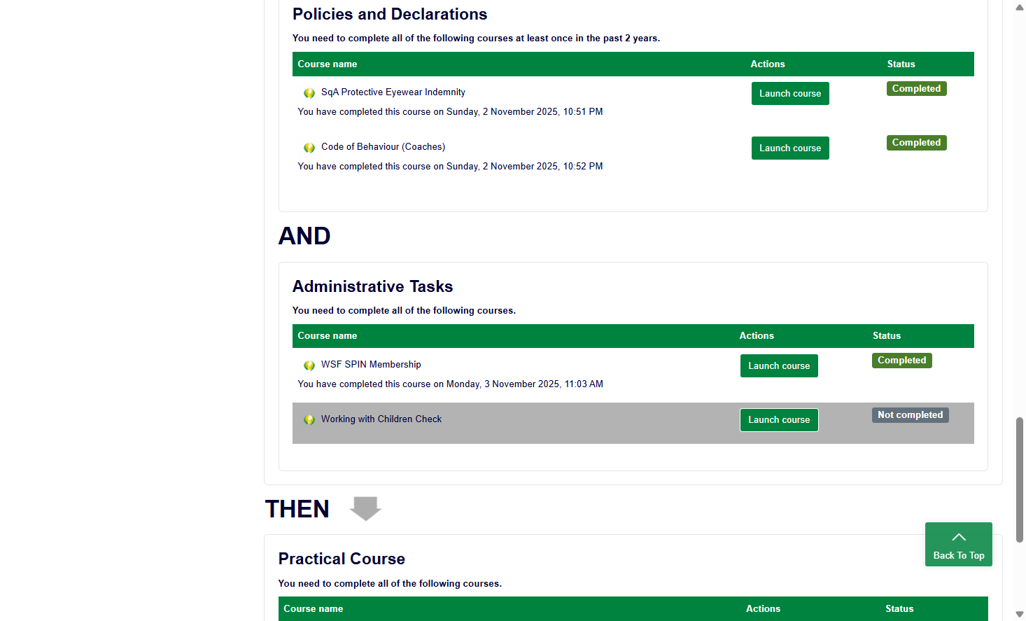 Not completed courses will show statuses like 'Not Completed' or 'In Progress'.