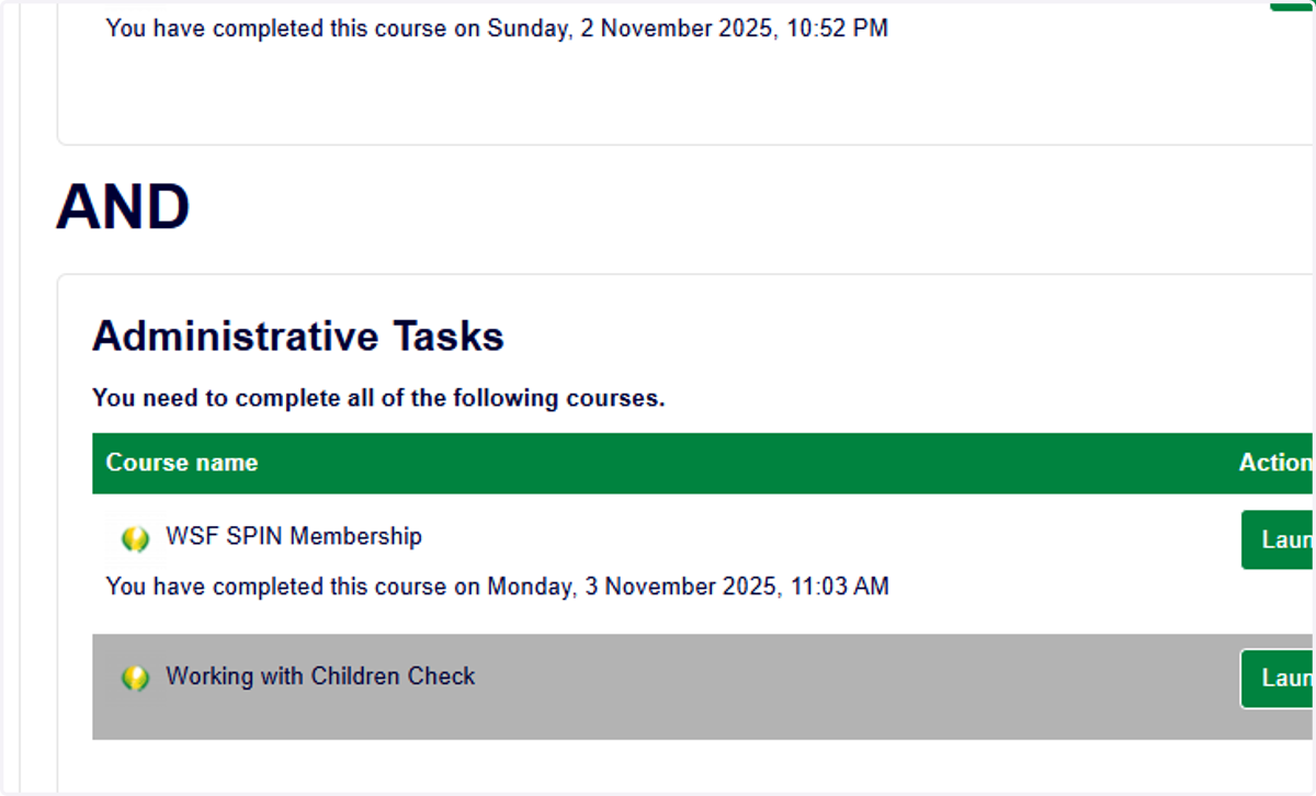 Not completed courses will show statuses like 'Not Completed' or 'In Progress'.