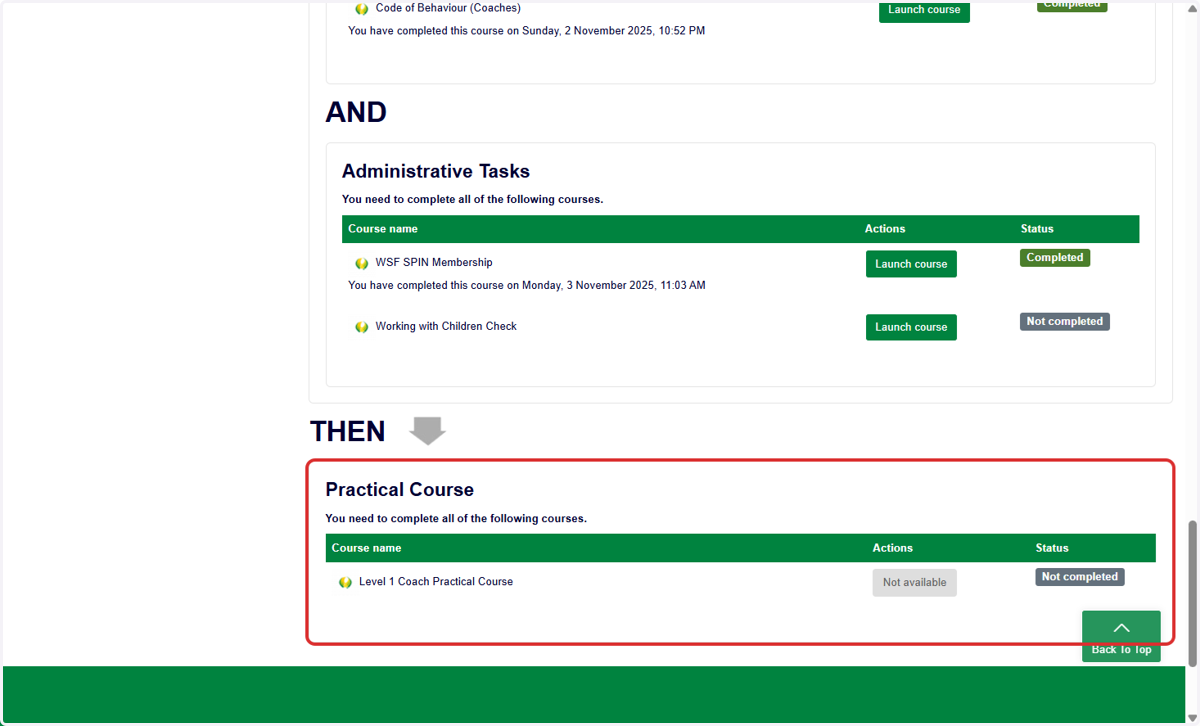 Some courses are only available once all the preceding courses have been completed.