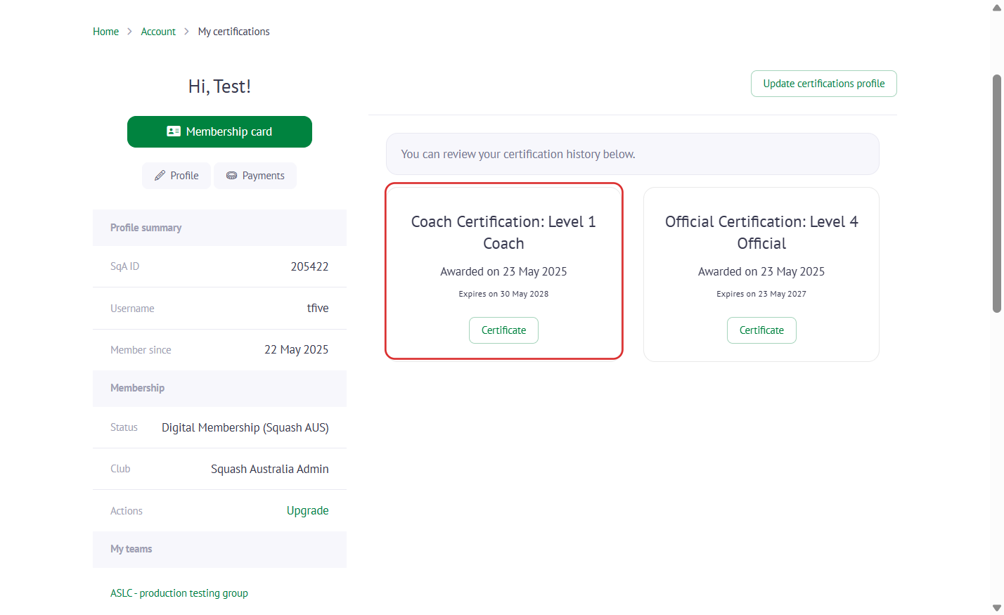 Select 'Details' to see additional information and to review your Certification history:
