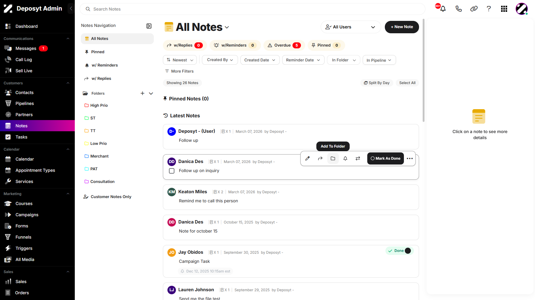 Step 3: Hover over the selected note to display this tab, then click Add to Folder.