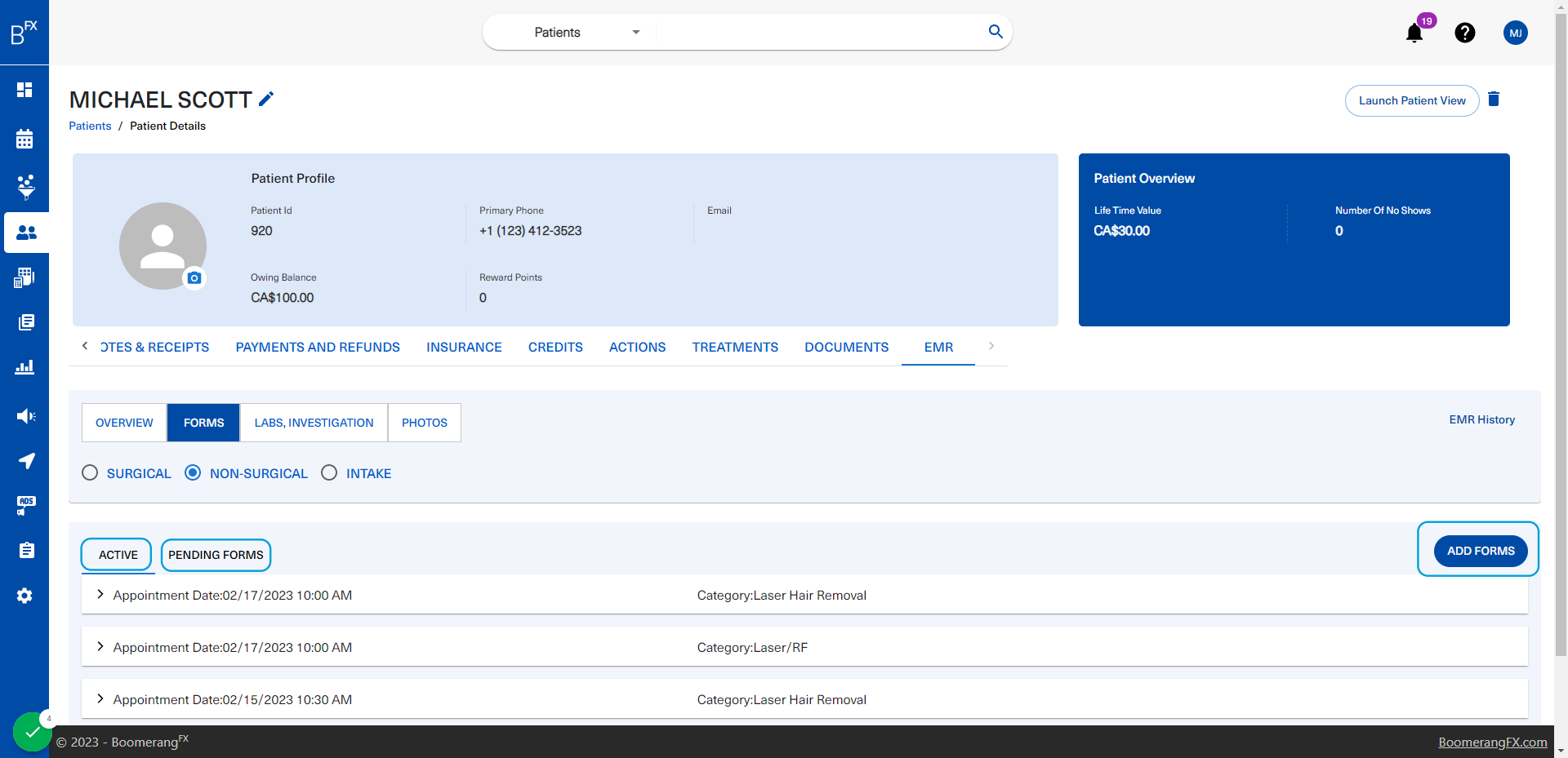 Under Forms, there are active and pending forms. When a user assigns a form to a client by clicking on Add Forms, it will appear under Pending Forms