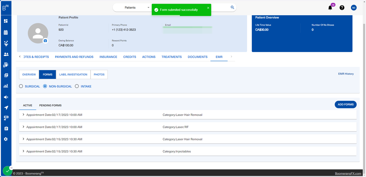 Once the form has been submitted, the user will return to patient's EMR and a green dropdown will appear for confirmation