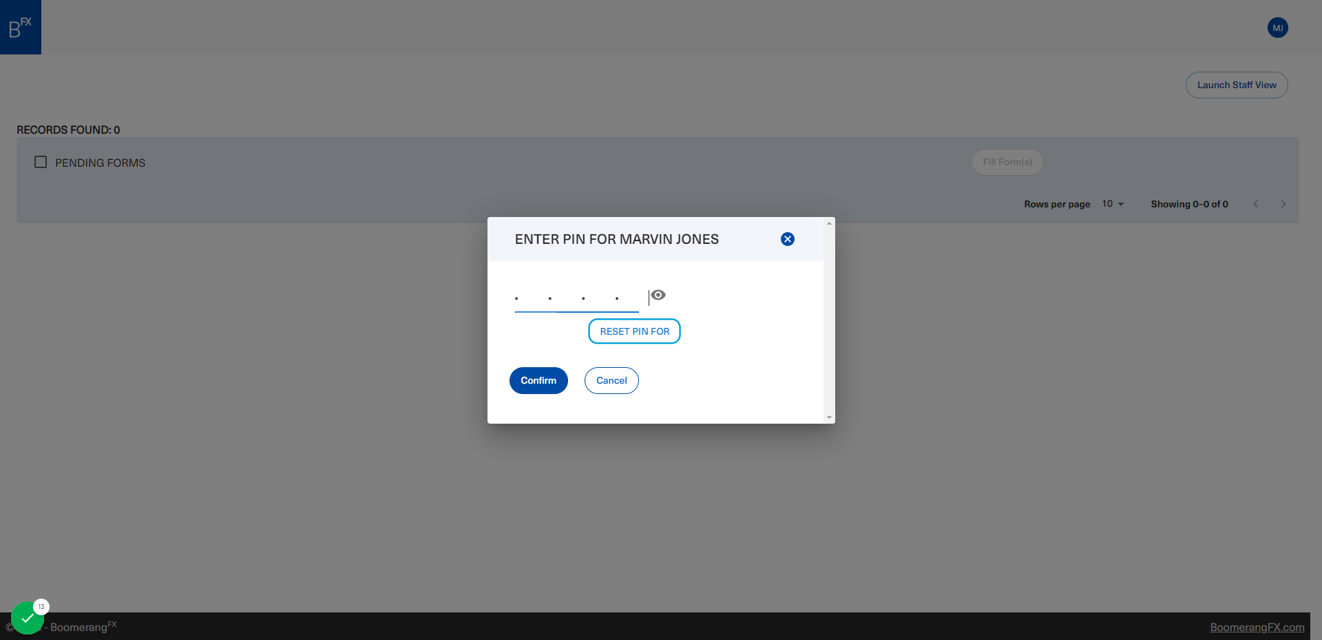In the event that a staff member forgets the code that was created, a Reset Pin option is available