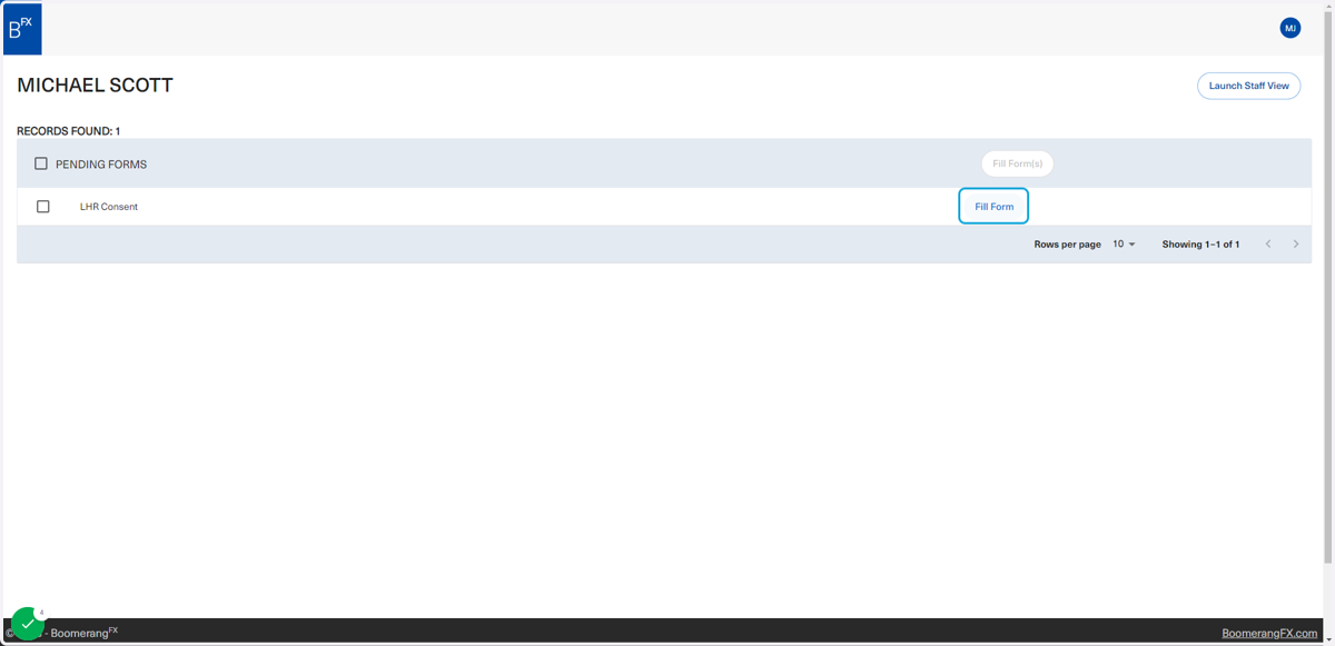 The user or patient may click on fill form to complete filling the form