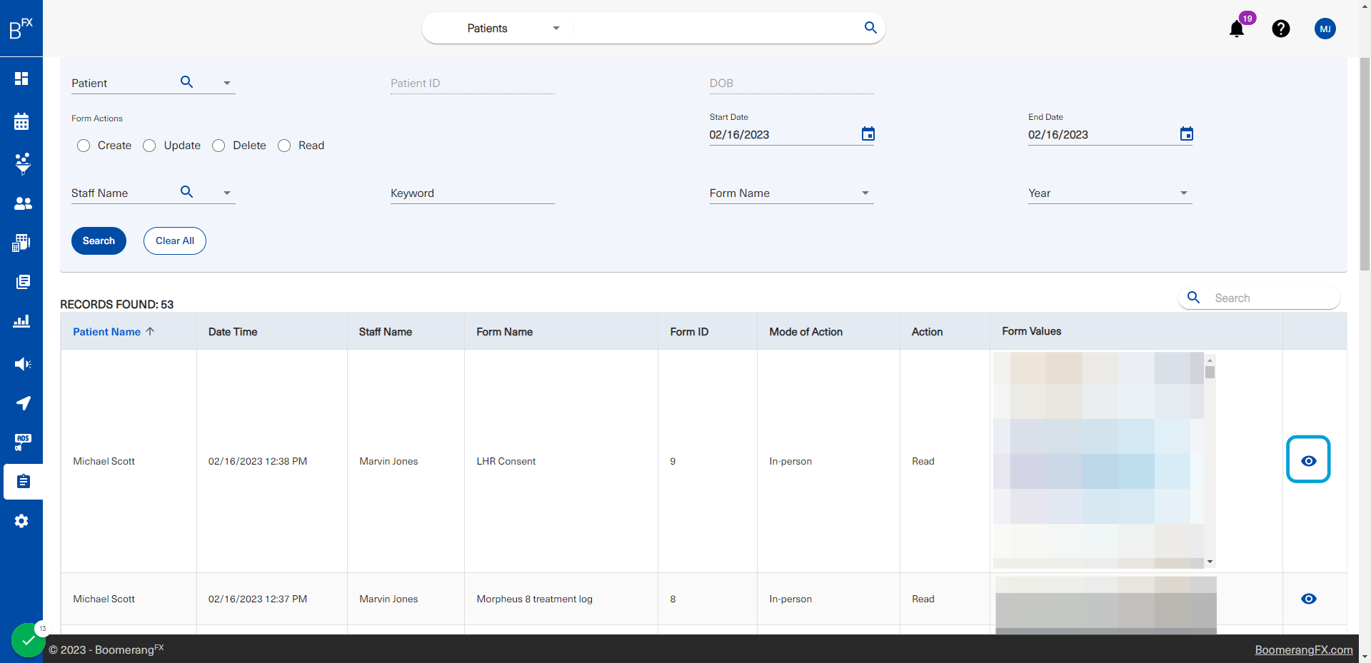 Users are also able to review the form submission by clicking on the eye icon
