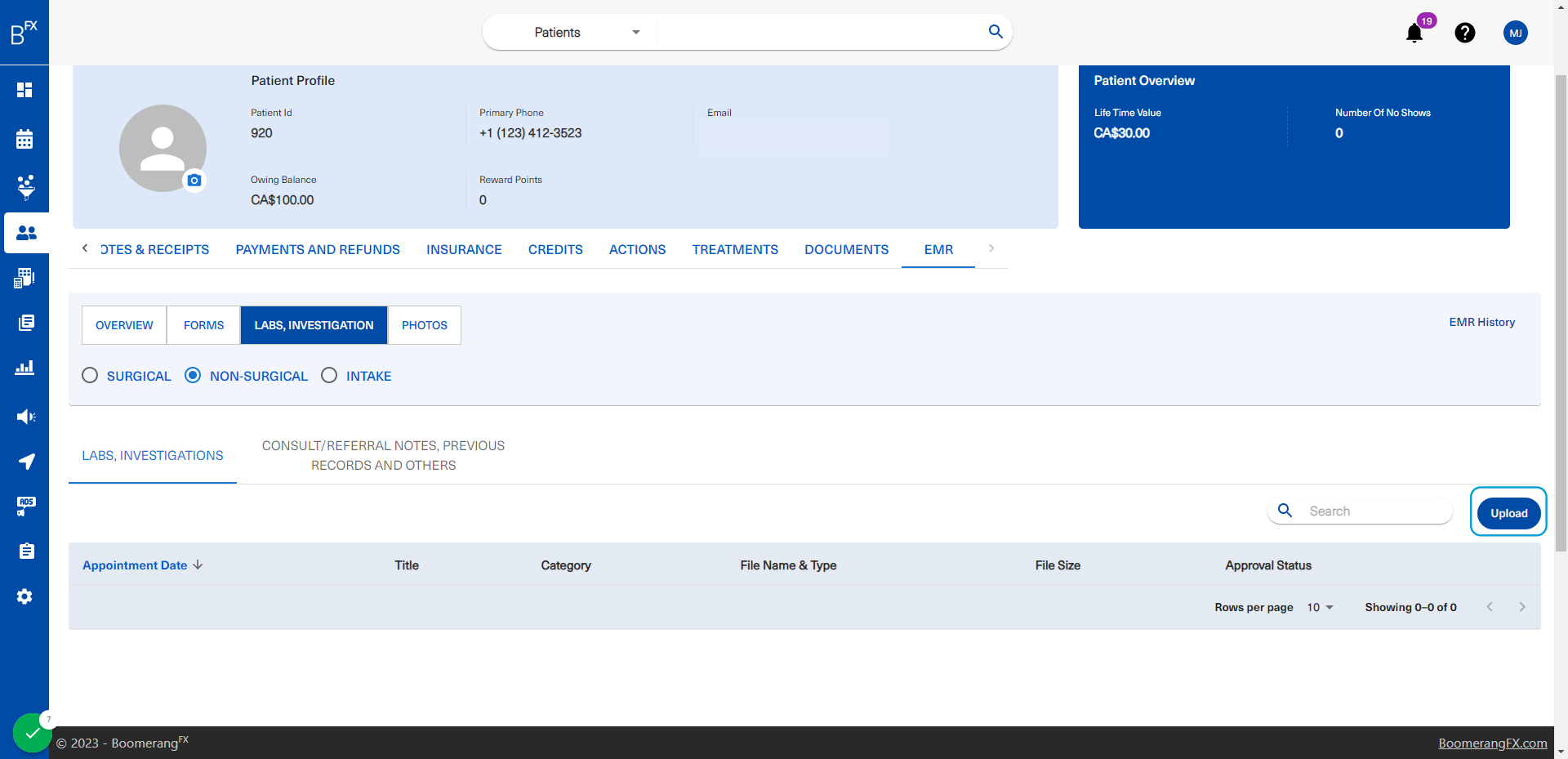 Users may upload Labs, investigations, consults, referrals, notes, and previous records all under this tab