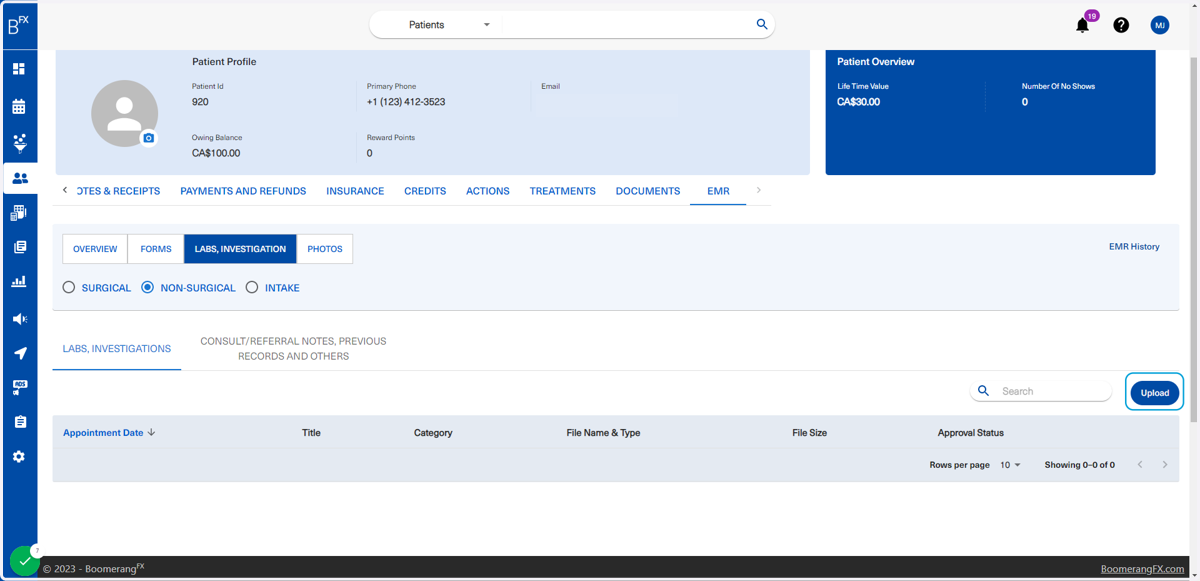 Users may upload Labs, investigations, consults, referrals, notes, and previous records all under this tab
