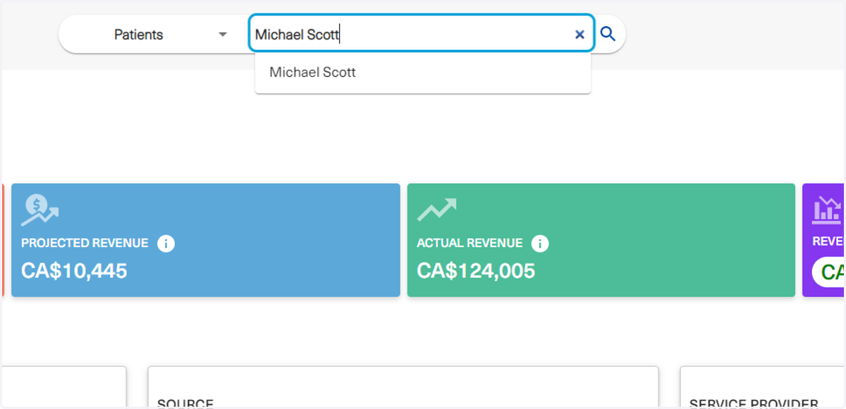 Users may also search for patients using the main top search bar