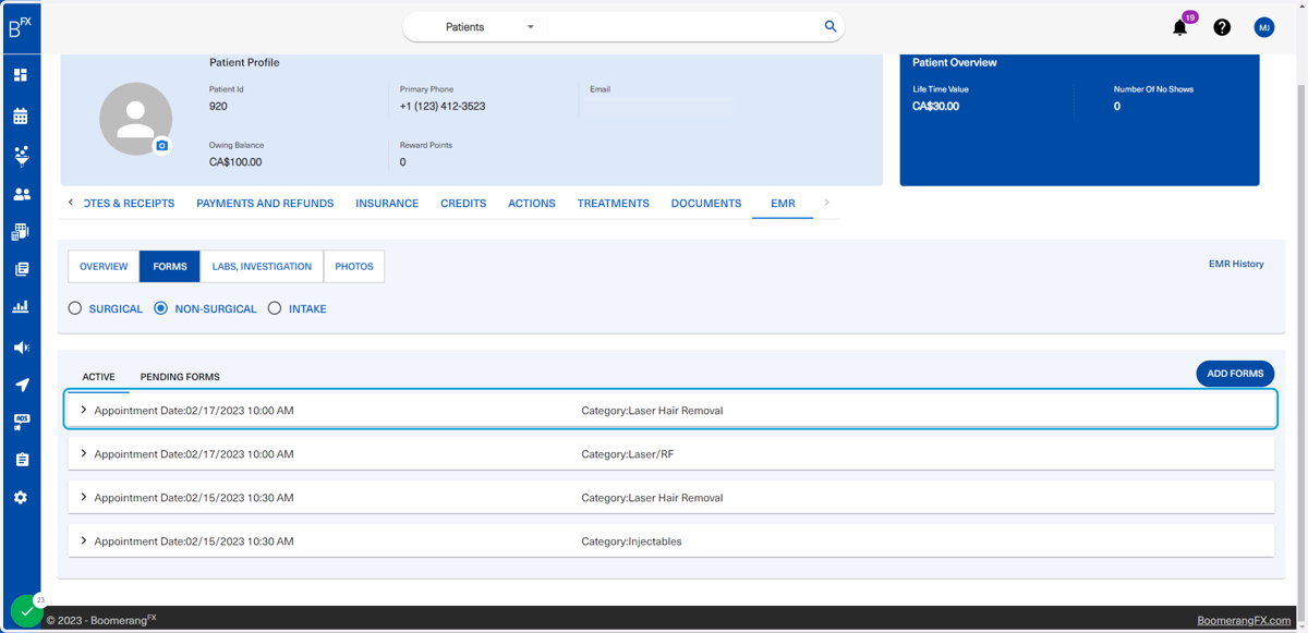 The form that was submitted will now appear in the Active subtab under the Forms tab