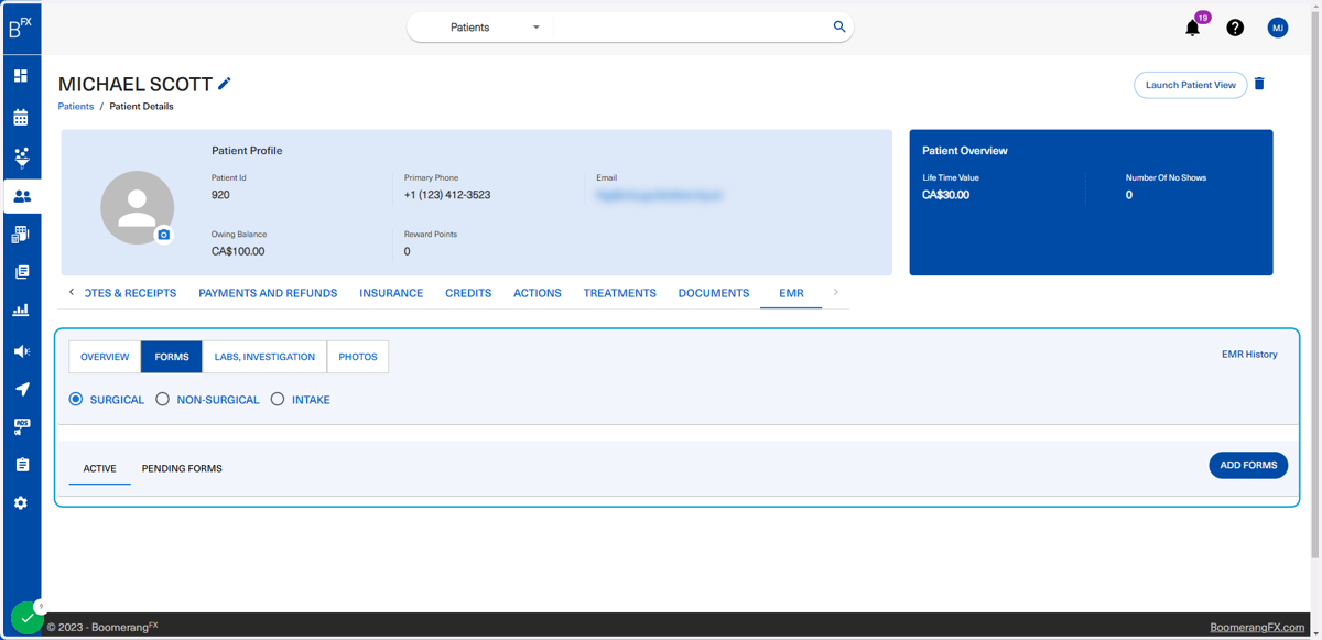 The patient's EMR will appear at the bottom