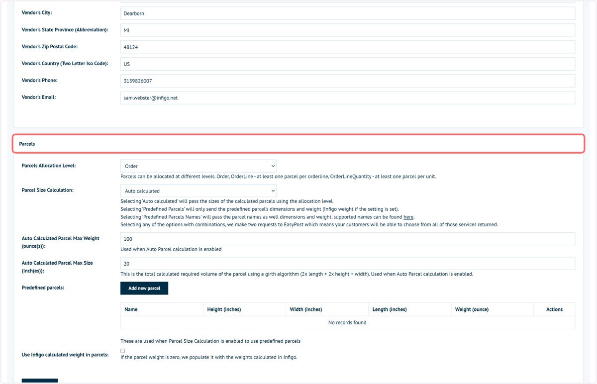 Navigate to the Parcels section within the Easypost configuration settings