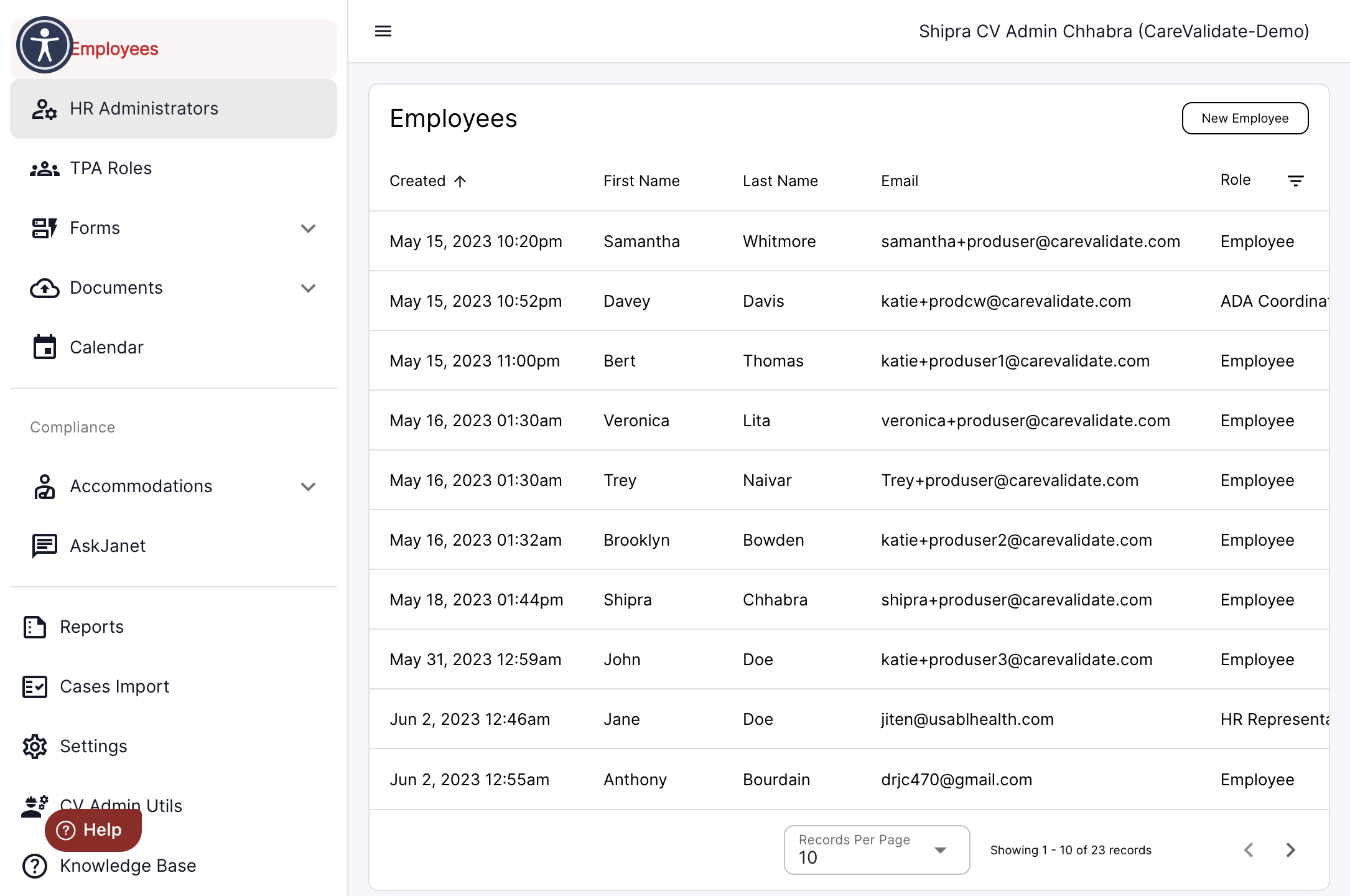 Click on the HR Administrators tab in the left panel of the dashboard