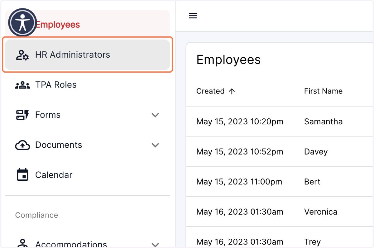 Click on the HR Administrators tab in the left panel of the dashboard