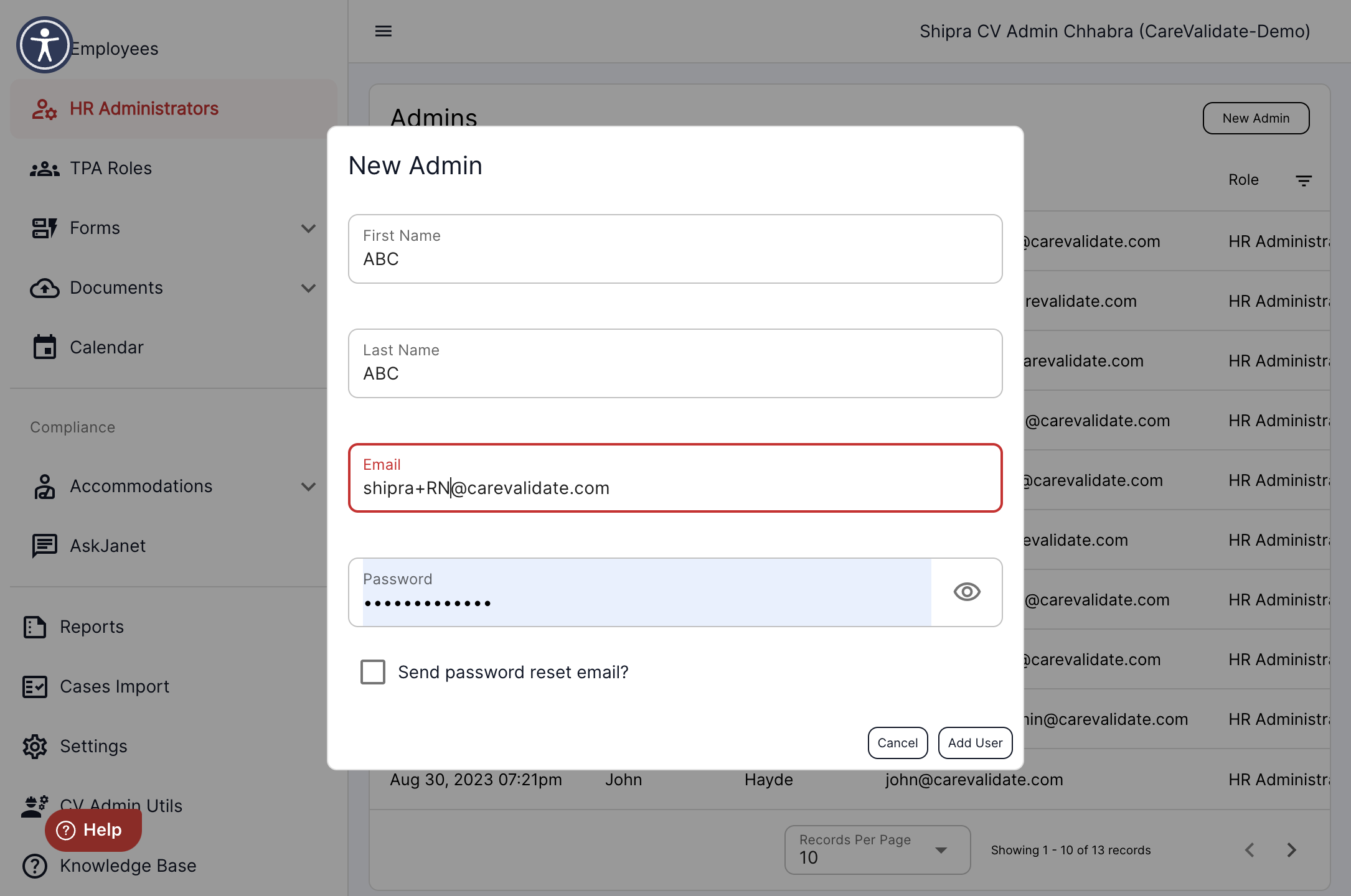 Type the email address associated with the user