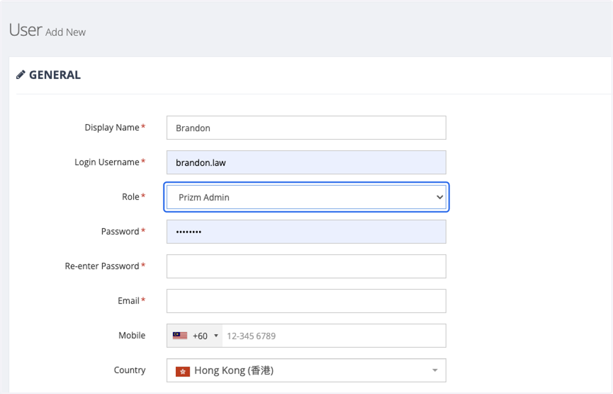 Select the role to which this user will have access.