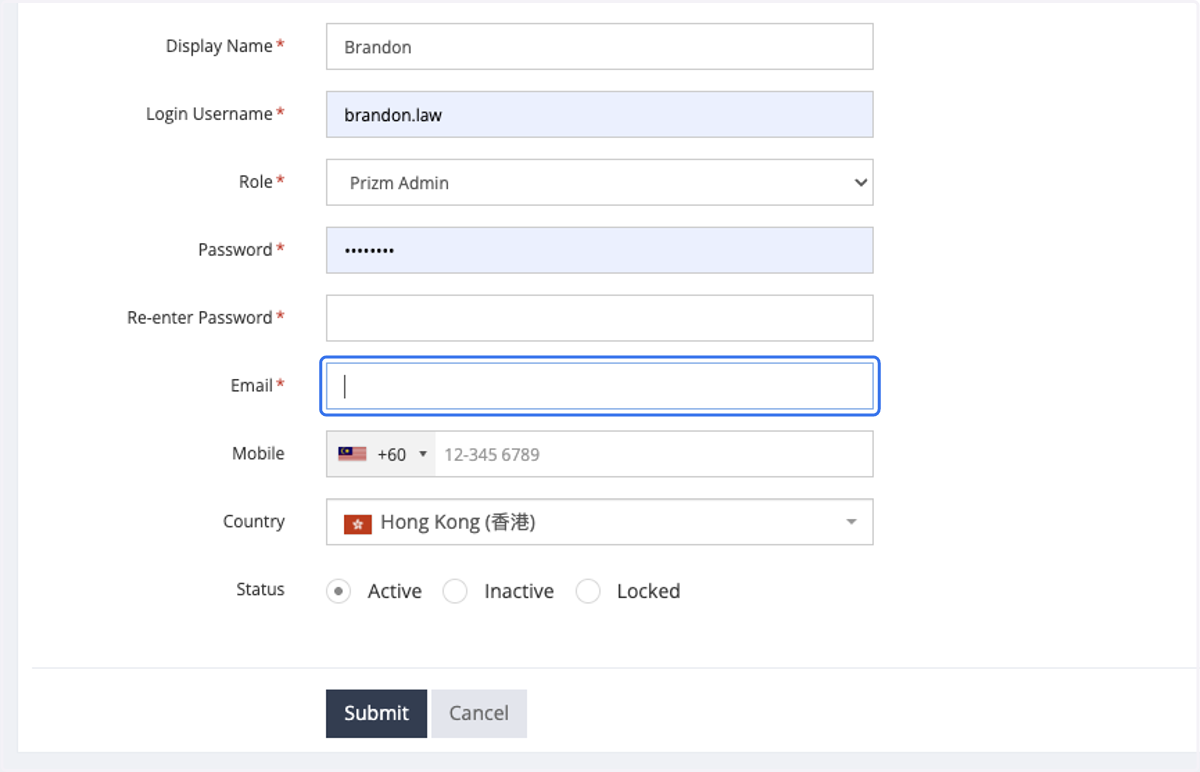 Enter the email of the user.