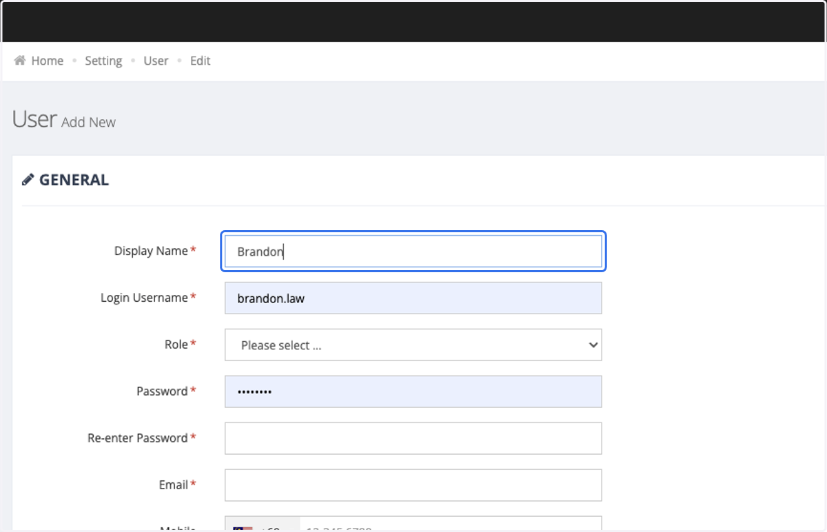 Enter the Display Name, which refers to the user's name.