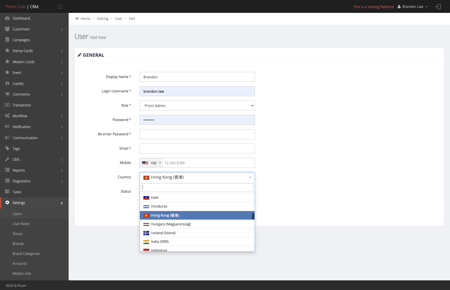 Select the user's country, if applicable.