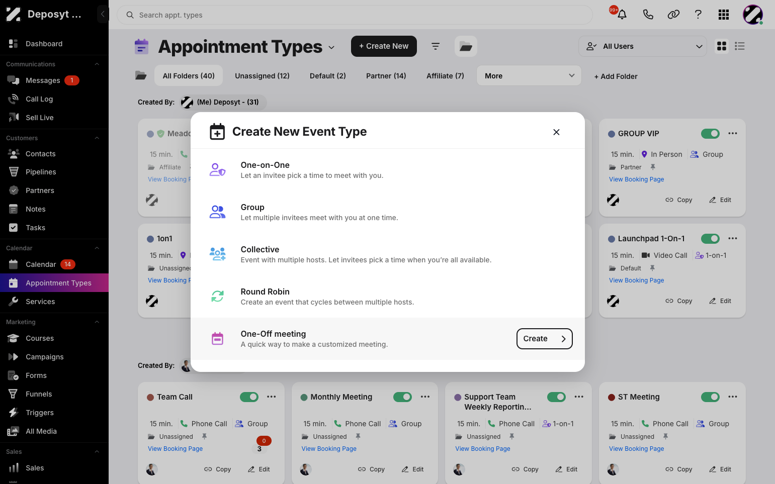 Step 3: Select the One-off-meeting event type. This is an
event type that is a quick way to make a customized meeting. Then, click the Create button.